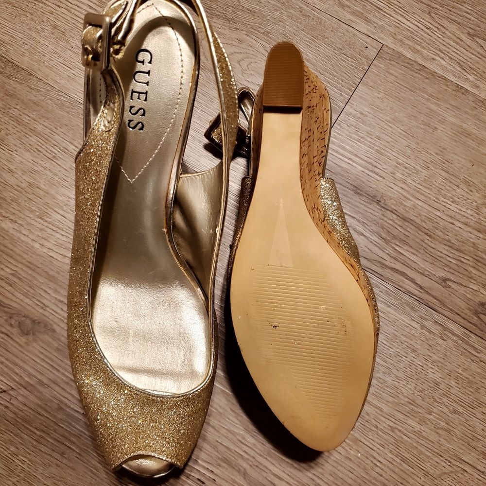Guess sling back gold glitter wedge shoes